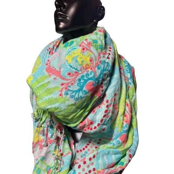 Lilly Pulitzer Checkin Gecko Scarf Colorful Lightweight, Size 65” X 26” - Picture 4 of 5